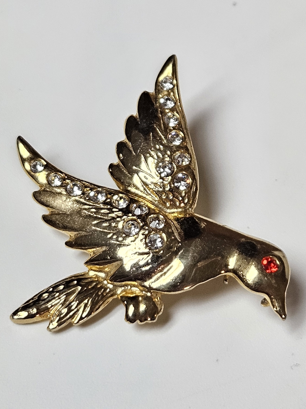 Gold Dove Brooch with Clear Crystals and Red Eye